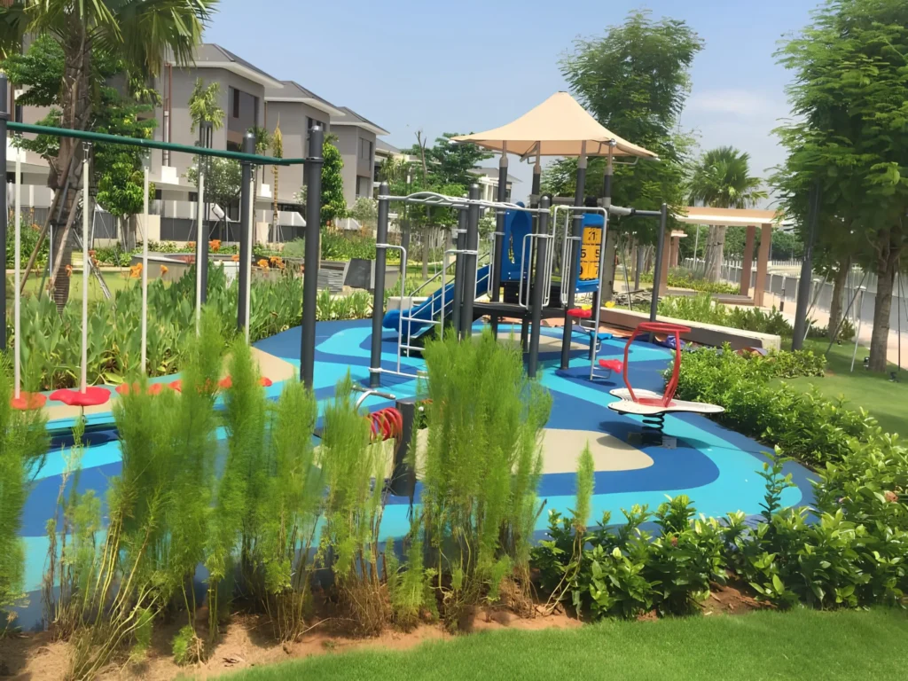 Kids play area at Kien A Vietnam with safe outdoor playground equipment